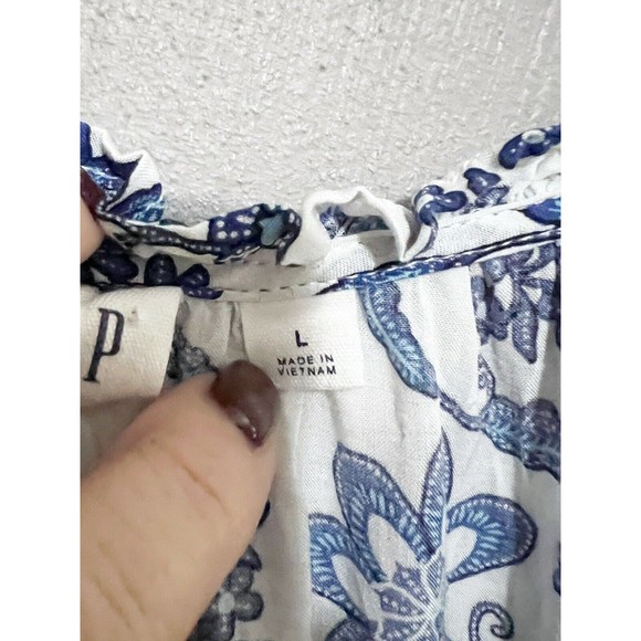 Gap Womens Blue White Floral Ruffle Neck Blouse Long Sleeve Rayon V-Neck Large - Picture 11 of 12